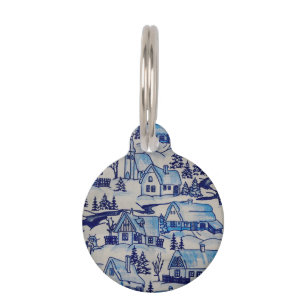 Vintage Blue Christmas Holiday Village Pet Tag