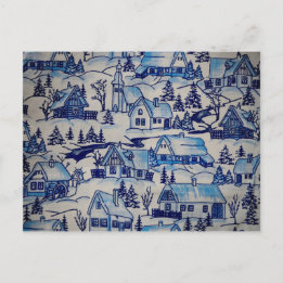 Vintage Blue Christmas Holiday Village Postcard