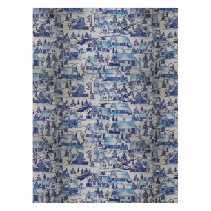 Vintage Blue Christmas Holiday Village Tablecloth