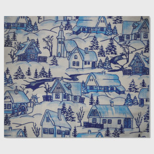 Vintage Blue Christmas Holiday Village Wrapping Paper