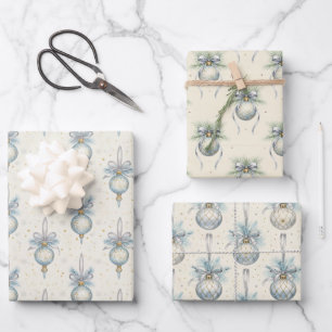 Vintage Blue Christmas Ornaments Watercolor Wrapping Paper Sheet