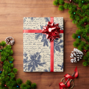 Vintage Blue Christmas Pine Script Wrapping Paper
