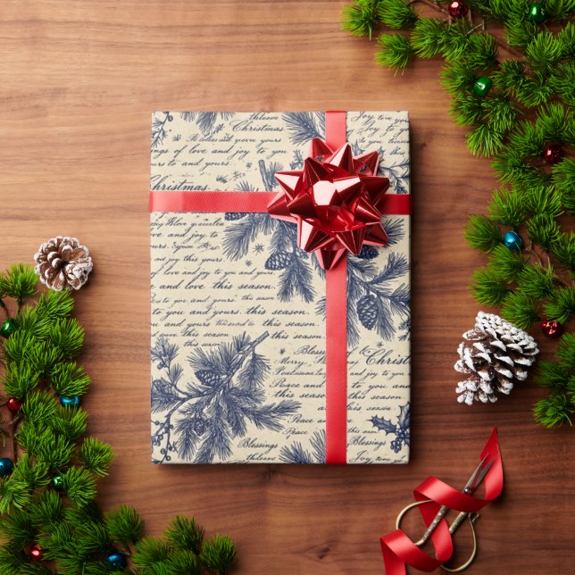 Vintage Blue Christmas Pine Script Wrapping Paper (Holiday Gift)