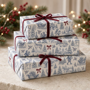 Vintage Blue Christmas Toile Burgundy Bow Wrapping Paper