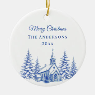 Vintage Blue Christmas Toile Church Ceramic Tree Decoration