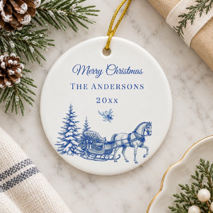 Vintage Blue Christmas Toile Horse Sleigh Ceramic Tree Decoration