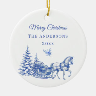 Vintage Blue Christmas Toile Horse Sleigh Ceramic Tree Decoration