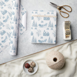 Vintage Blue Christmas Toile Horse Sleigh Wrapping Paper