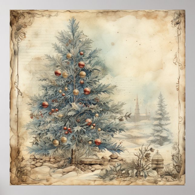 Vintage Blue Christmas Tree Poster (Front)