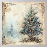 Vintage Blue Christmas Tree Poster