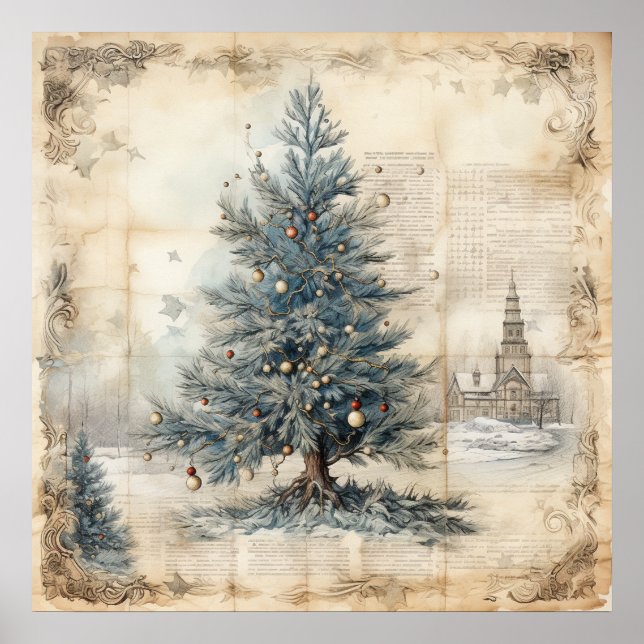 Vintage Blue Christmas Tree Poster (Front)
