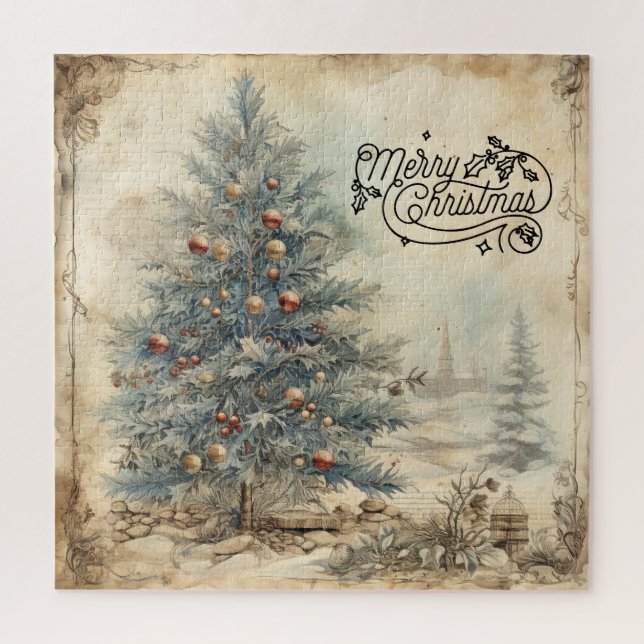Vintage Blue Christmas Tree Puzzle (Vertical)