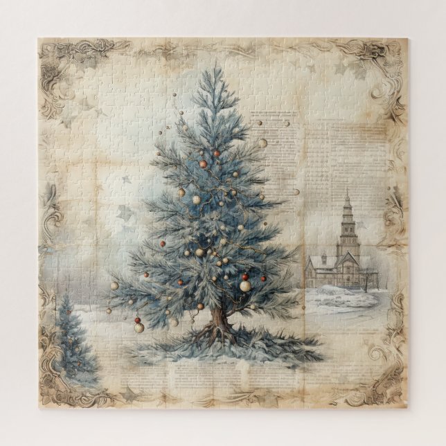 Vintage Blue Christmas Tree Puzzle (Vertical)