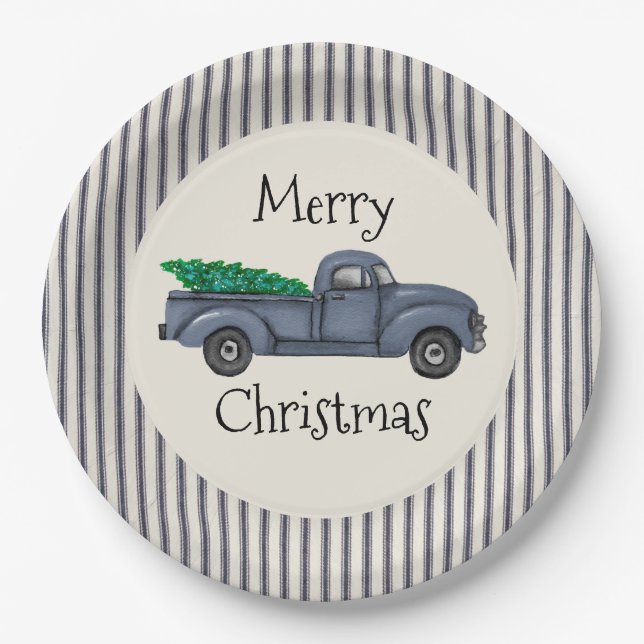 Vintage Blue Christmas Tree Truck Paper Plate (Front)