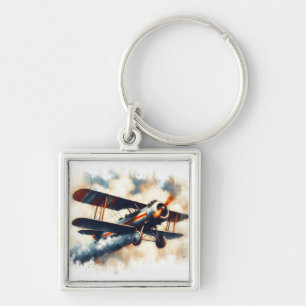 Vintage Blue Classic Biplane Oil Painting Key Ring
