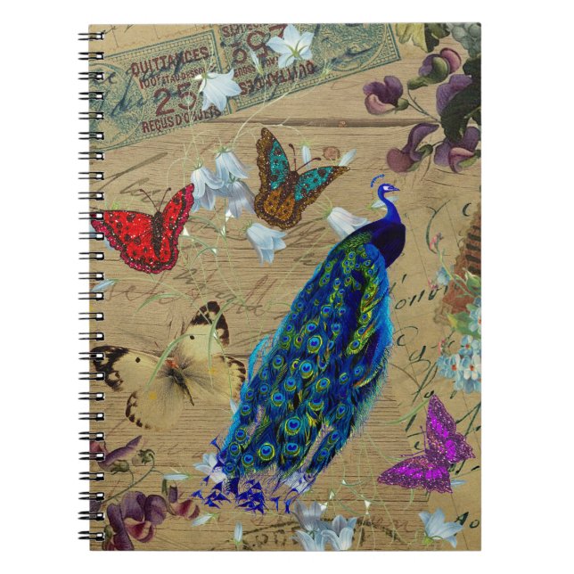 Vintage Blue Colourful Peacock Cute Butterfly Spiral Notebook (Front)