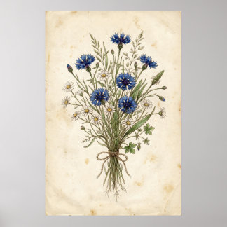 Vintage Blue Cornflower Wildflower Bouquet Poster