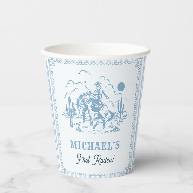 Vintage Blue Cowboy 1st Birthday Party Paper Cups (Front)