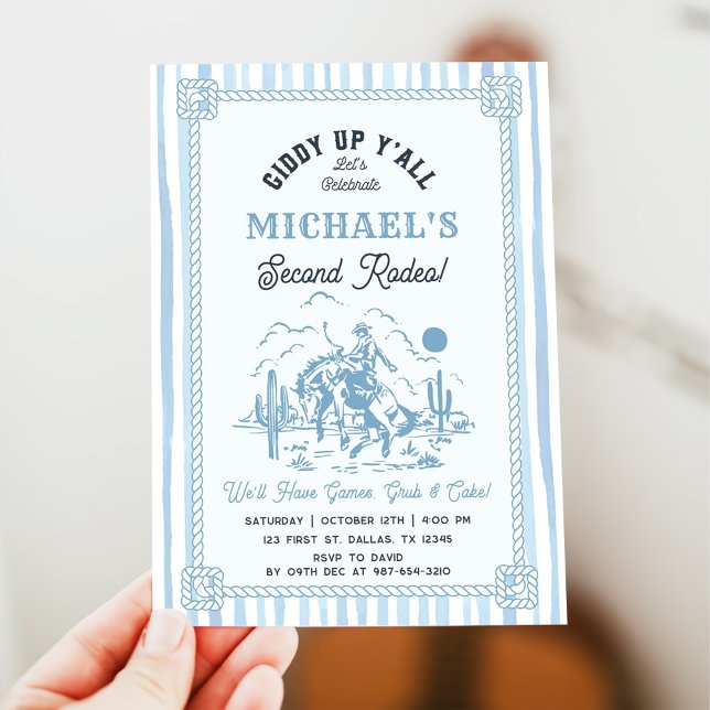 Vintage Blue Cowboy 2nd Birthday Party Invitation (Creator Uploaded)