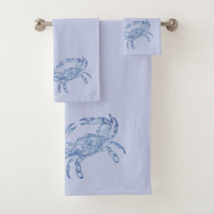Vintage blue crab -   soft lilac  bath towel set
