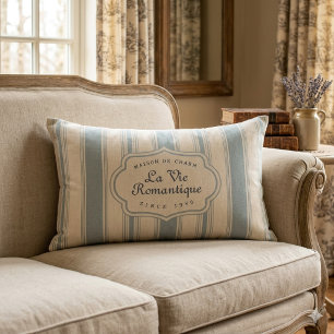 Vintage Blue & Cream Striped French Country Lumbar Cushion