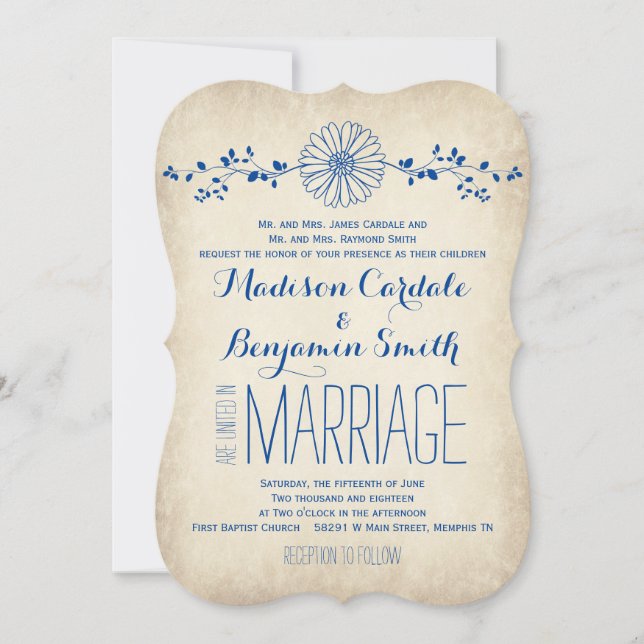 Vintage Blue Daisy Rustic Wedding Invitations (Front)