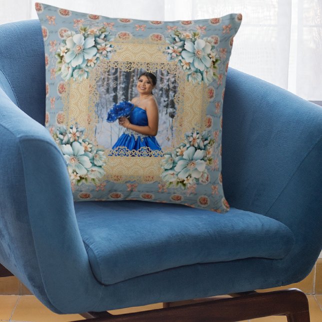 Vintage Blue Damask Quinceañera Memory  Cushion (Creator Uploaded)