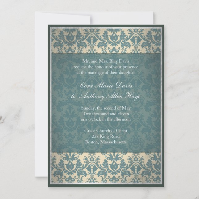 Vintage Blue Damask Wedding Invitation (Front)