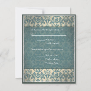 Vintage Blue Damask wedding RSVP Card