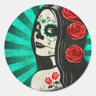 Vintage Blue Day of the Dead Girl Classic Round Sticker