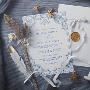 Vintage Blue Elegant Budget QR Code Wedding Invitation