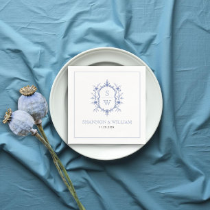 Vintage blue elegant floral crest monogram wedding napkin