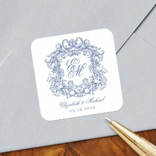 Vintage Blue Elegant Wedding Monogram Crest Square Sticker