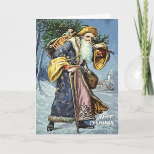 Vintage Blue Father Christmas Tree and Toys Card