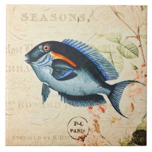 Vintage Blue Fish French Floral Illustration Tile