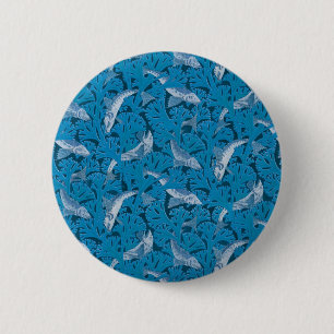 Vintage Blue Fish & Seaweed: Art Nouveau Nautical  6 Cm Round Badge