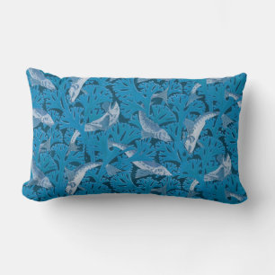 Vintage Blue Fish & Seaweed: Art Nouveau Nautical  Lumbar Cushion