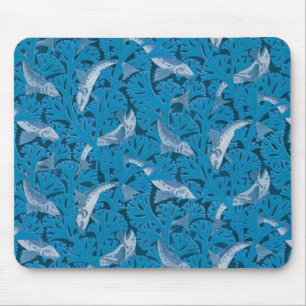 Vintage Blue Fish & Seaweed: Art Nouveau Nautical  Mouse Pad