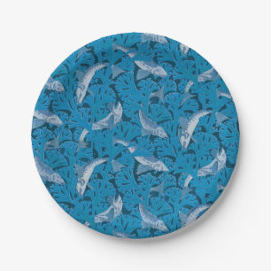 Vintage Blue Fish & Seaweed: Art Nouveau Nautical  Paper Plate