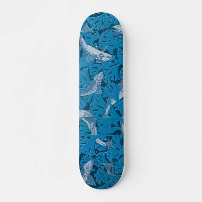 Vintage Blue Fish & Seaweed: Art Nouveau Nautical  Skateboard (Front)