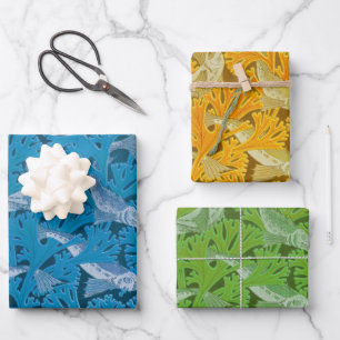 Vintage Blue Fish & Seaweed: Art Nouveau Nautical  Wrapping Paper Sheet