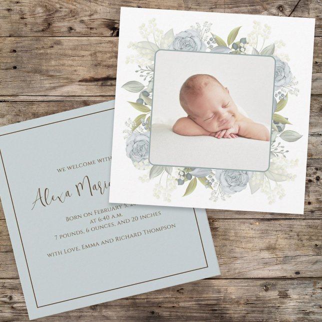 Vintage Blue Floral Baby Botanical Greenery  Announcement (Creator Uploaded)