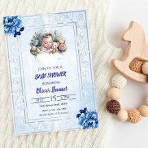 Vintage Blue Floral Baby Shower Invitation
