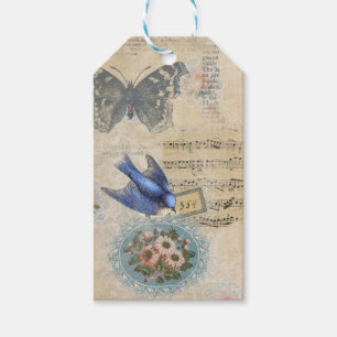 Vintage Blue Floral Bird Collage Scrapbook Gift Tags