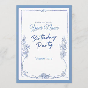Vintage Blue Floral Birthday Party Invitation
