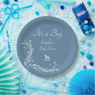 Vintage Blue Floral Boy Baby Shower Party Paper Plate