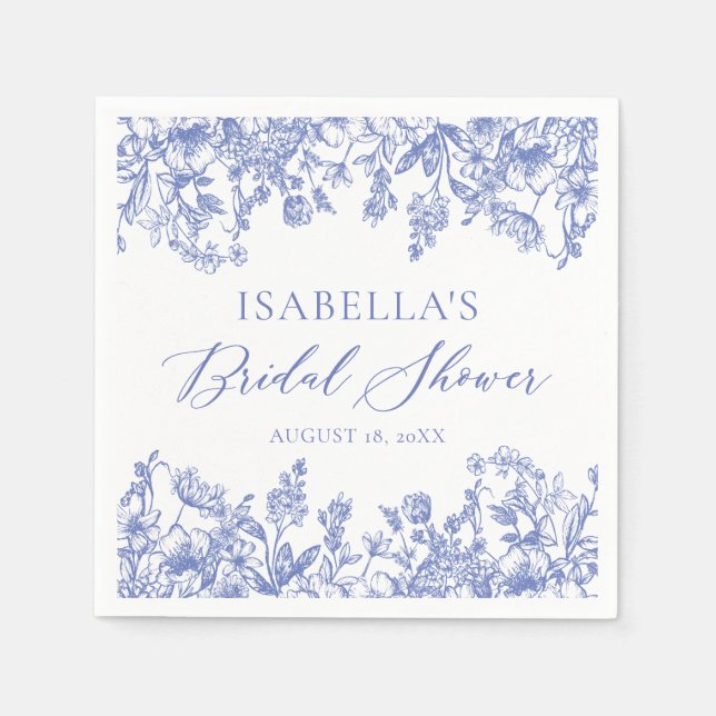 Vintage Blue Floral Bridal Shower Paper Napkins (Front)