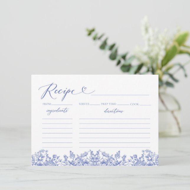 Vintage Blue Floral Bridal Shower Recipe Card (Standing Front)