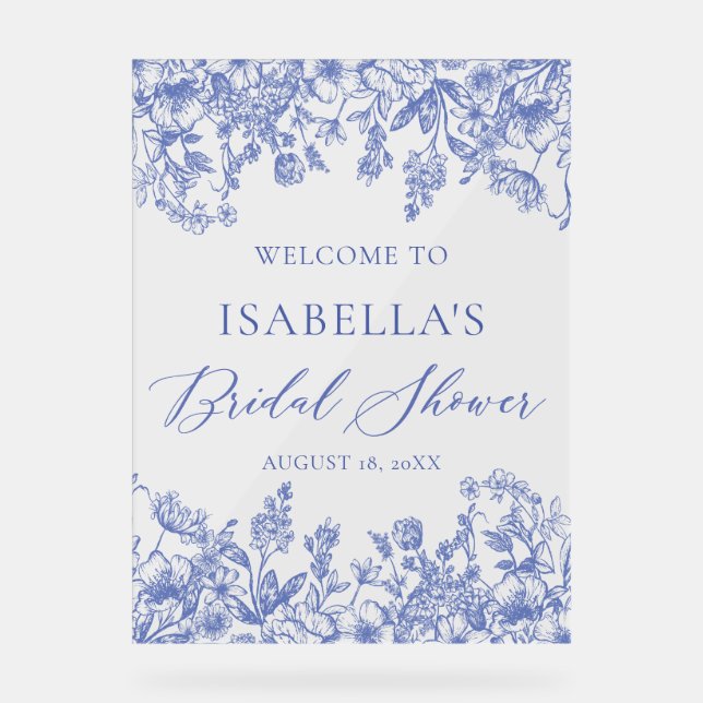 Vintage Blue Floral Bridal Shower Welcome Sign (Front)
