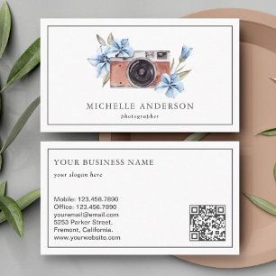 Vintage Blue Floral Camera QR Code Photographer Business Card
